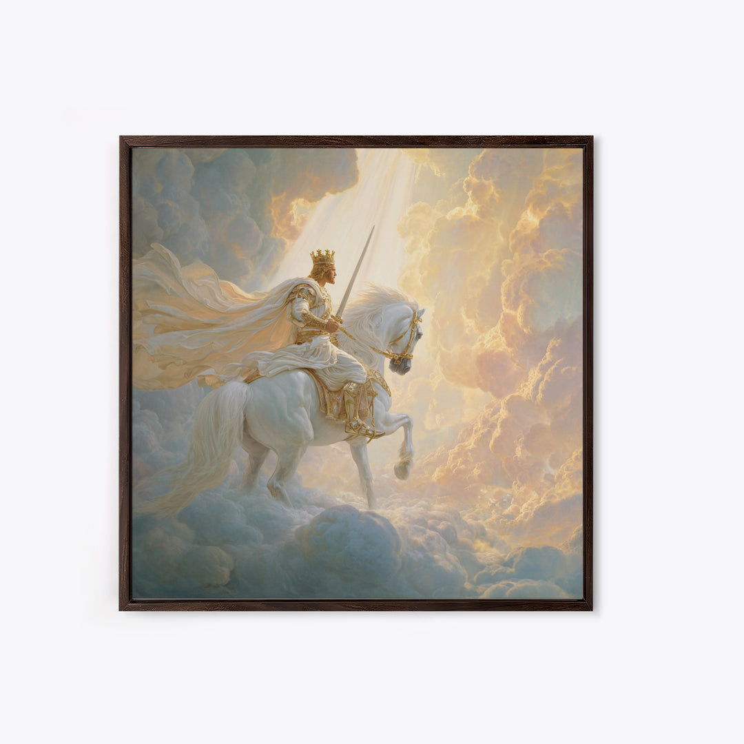 Heavenly King On White Horse Wall Art, Biblical Fantasy Art Print, Christian Home Decor, Ethereal Clouds Framed Canvas Print