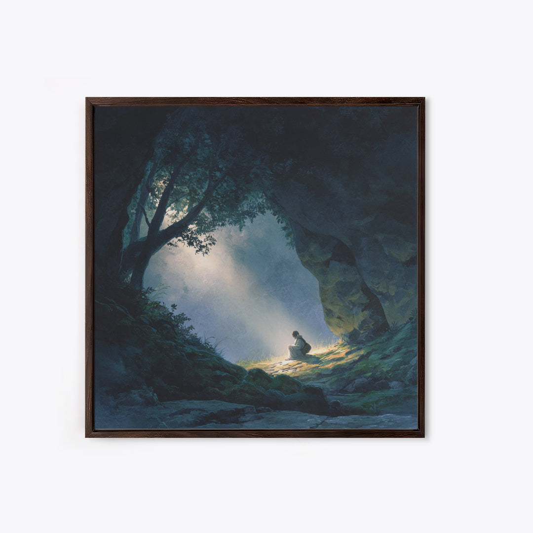 Mystic Cave Seeker Framed Canvas Print, Fantasy Wall Art, Moody Forest Decor, Surreal Adventure Art, Meditation Room Decor