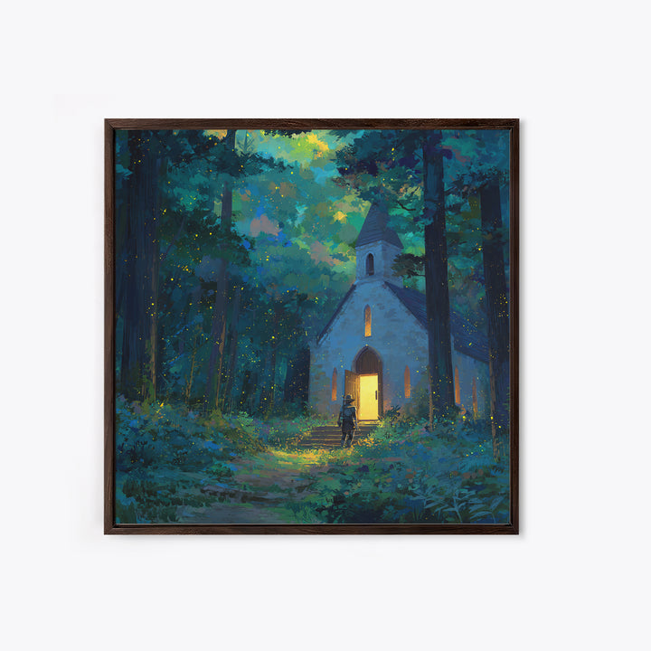 Glowing Chapel In Enchanted Forest Wall Art, Whimsical Christian Canvas Print, Fairy Tale Decor, Kids Room Art, Nursery Decor