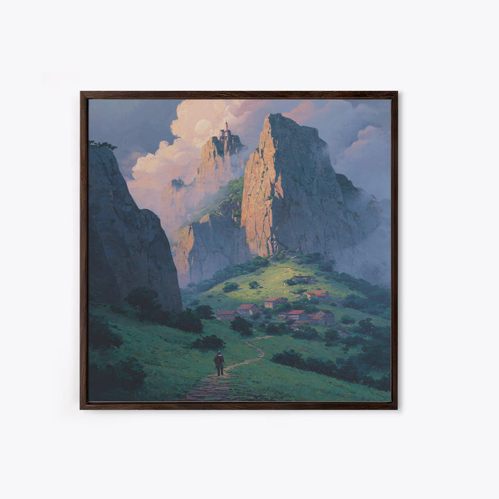 Fantasy Mountain Village Below Castle Wall Art, Dreamy Landscape Print, Storybook Decor, Whimsical Fantasy Art, Nursery Wall Art
