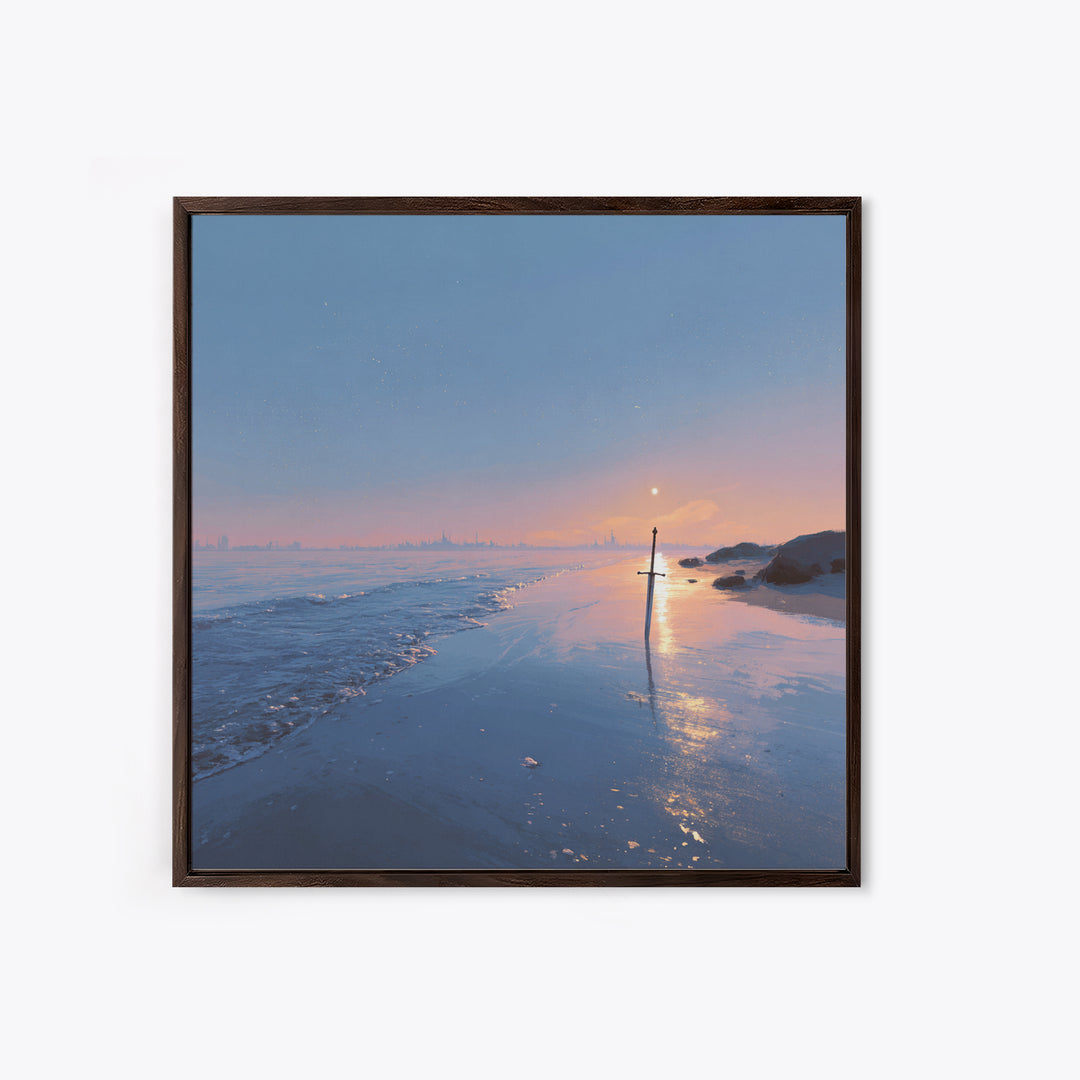 Pastel Beach Sunset With Sword Reflection Wall Art, Coastal Canvas Print, Minimal Ocean Landscape Bedroom Decor Gift For Her
