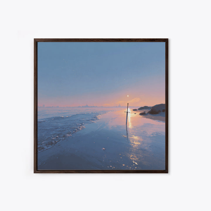 Pastel Beach Sunset With Sword Reflection Wall Art, Coastal Canvas Print, Minimal Ocean Landscape Bedroom Decor Gift For Her