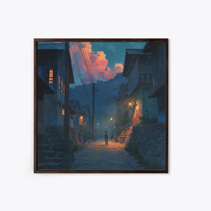 Child Walking Through Twilight Mountain Village Canvas Print, Moody Alley Wall Art, Cozy Blue Landscape, Whimsical Decor
