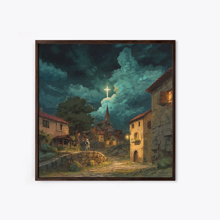 Moonlit Christian Village With Glowing Cross Wall Art, Storybook Church Canvas Print, Rustic Faith Decor For Cozy Home Decor