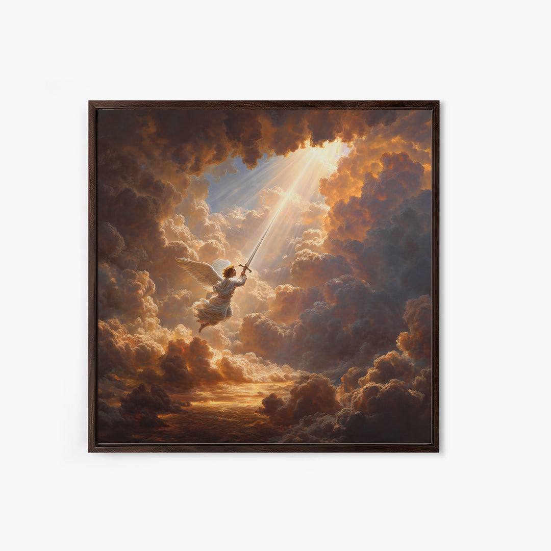 Angelic Warrior In Storm Clouds Framed Canvas Print, Christian Wall Art, Celestial Sword Painting For Prayer Room Decor Gift