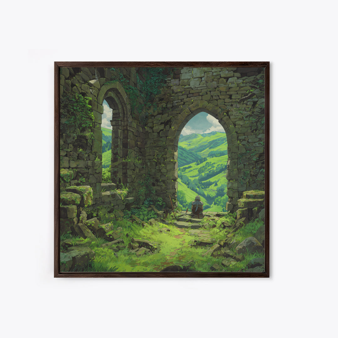 Castle Ruins Green Valley Knight Wall Art, Fantasy Landscape Canvas Print, Medieval Adventure Home Decor, Gamer Gift For Him