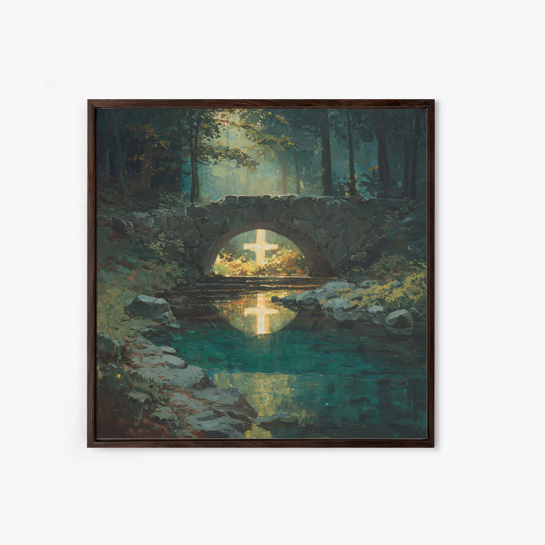 Glowing Cross Beneath Stone Bridge Framed Canvas Print, Christian Wall Art, Forest Stream Landscape, Calming Home Decor Gift