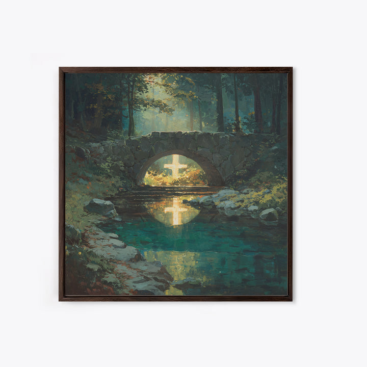 Glowing Cross Beneath Stone Bridge Framed Canvas Print, Christian Wall Art, Forest Stream Landscape, Calming Home Decor Gift
