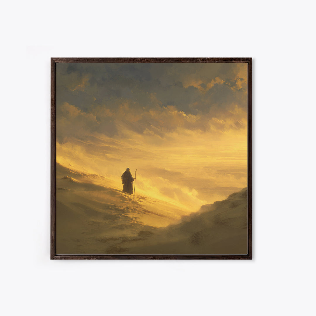 Lone Pilgrim Crossing Golden Desert Wall Art, Spiritual Landscape Canvas Print, Minimalist Desert Decor, Warm Neutral Home Decor