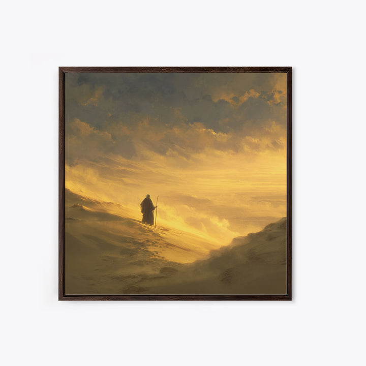 Lone Pilgrim Crossing Golden Desert Wall Art, Spiritual Landscape Canvas Print, Minimalist Desert Decor, Warm Neutral Home Decor