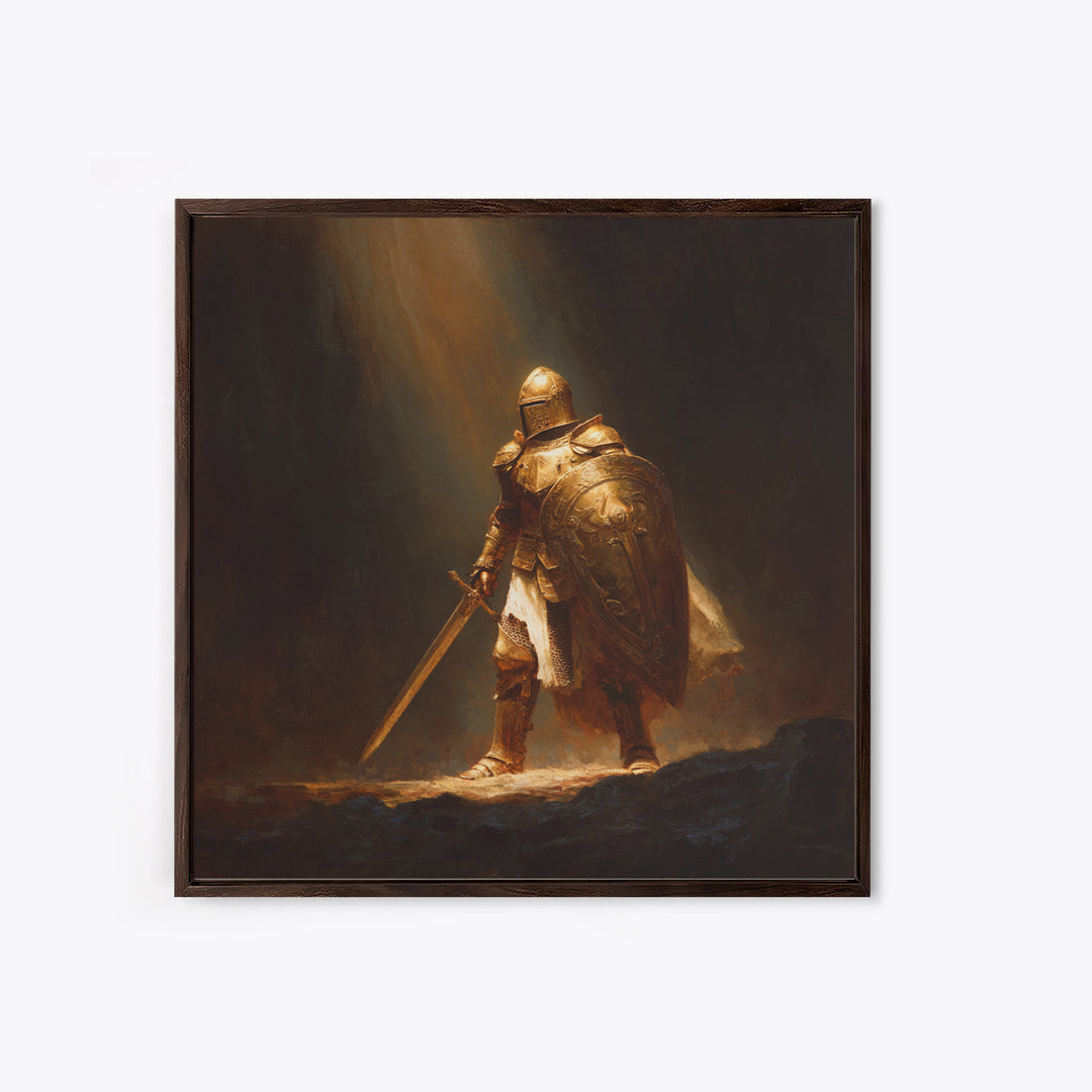 Golden Knight With Sword Canvas Print, Dark Fantasy Warrior Wall Art, Medieval Armor Painting, Masculine Office Decor, Gift For Him