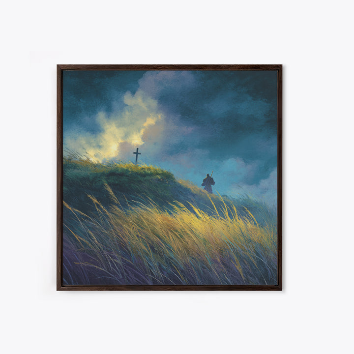 Solitary Pilgrim Near Cross Wall Art, Moody Christian Canvas Print, Windy Grassland, Spiritual Landscape Decor Gift For Him