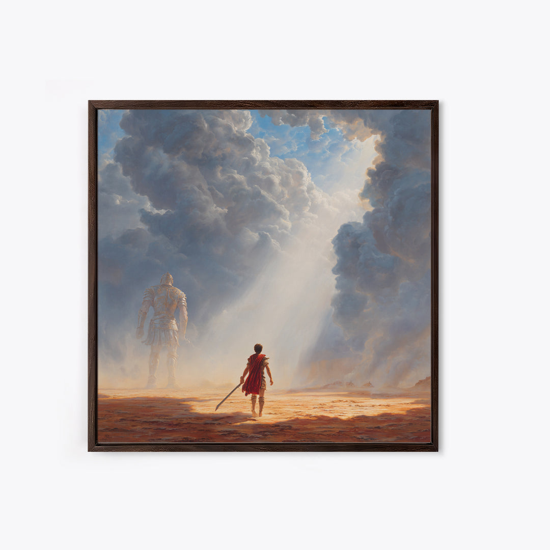 Young Hero Facing Cloud Giant Wall Art, Epic Fantasy Landscape Canvas Print, Mythological Adventure Decor, Gift For Gamer