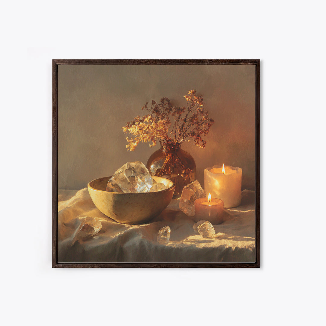 Glowing Candles Crystals And Dried Flowers Wall Art, Spiritual Still Life Canvas Print, Cozy Spa Decor For Bedroom And Meditation Room