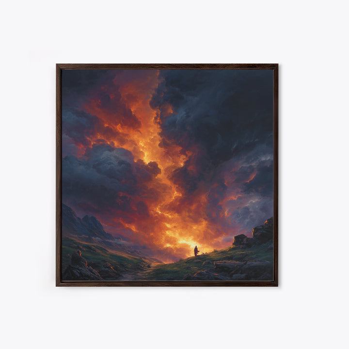Fiery Mountain Storm At Sunset Wall Art, Dramatic Fantasy Landscape Canvas Print, Moody Maximalist Living Room Decor Gift