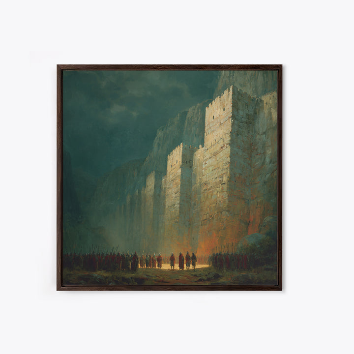 Towering Fortress In Misty Canyon Canvas Print, Epic Fantasy Wall Art, Medieval Castle Decor, Large Statement Artwork Print