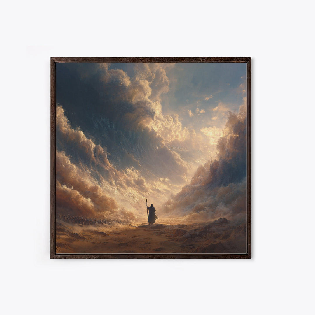 Biblical Sea Parting Prophet In Golden Storm Wall Art, Christian Canvas Print, Dramatic Religious Housewarming Gift Home Decor