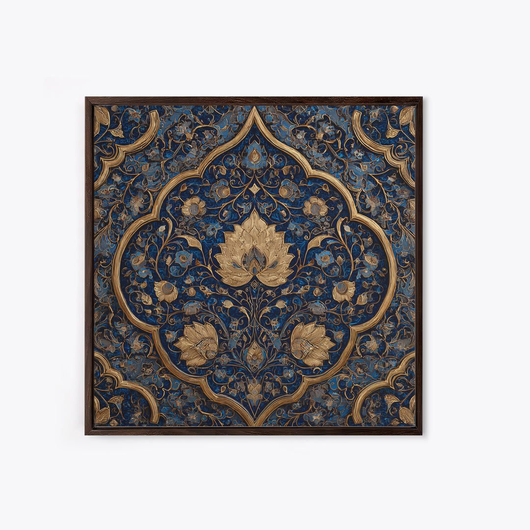 Ornate Blue Gold Islamic Floral Pattern Wall Art, Moroccan Tile Canvas Print, Elegant Arabic Home Decor For Living Room Wall