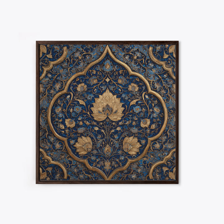 Ornate Blue Gold Islamic Floral Pattern Wall Art, Moroccan Tile Canvas Print, Elegant Arabic Home Decor For Living Room Wall