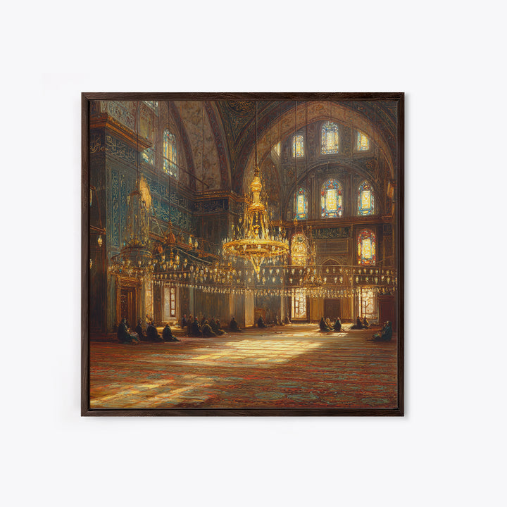 Ornate Mosque Chandelier Wall Art, Islamic Interior Canvas Print, Arabic Calligraphy Decor, Prayer Room Framed Canvas Art