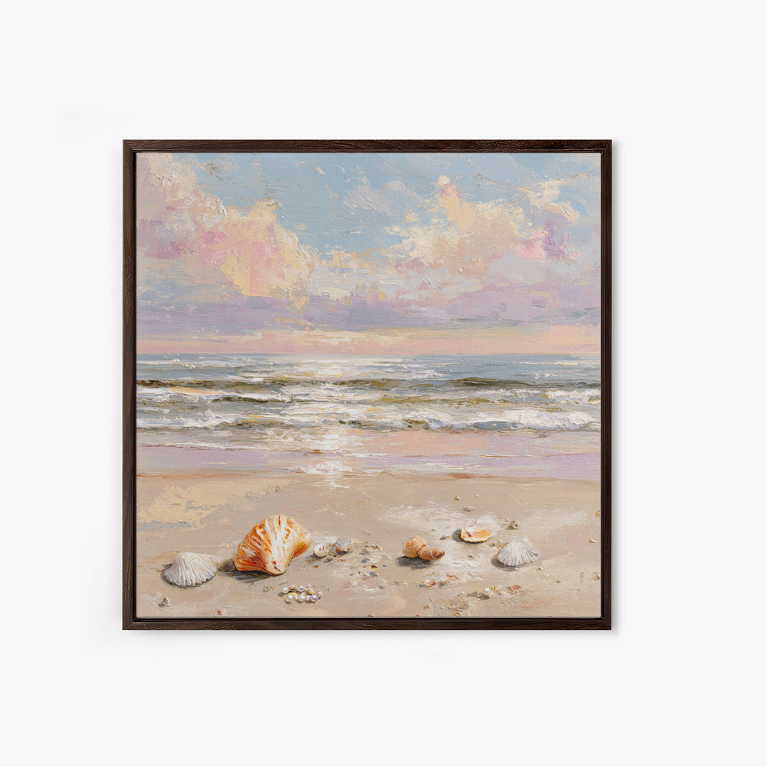 Pastel Ocean Waves And Seashells Wall Art, Coastal Seascape Framed Canvas Print, Beach House Living Room Decor For Bedroom