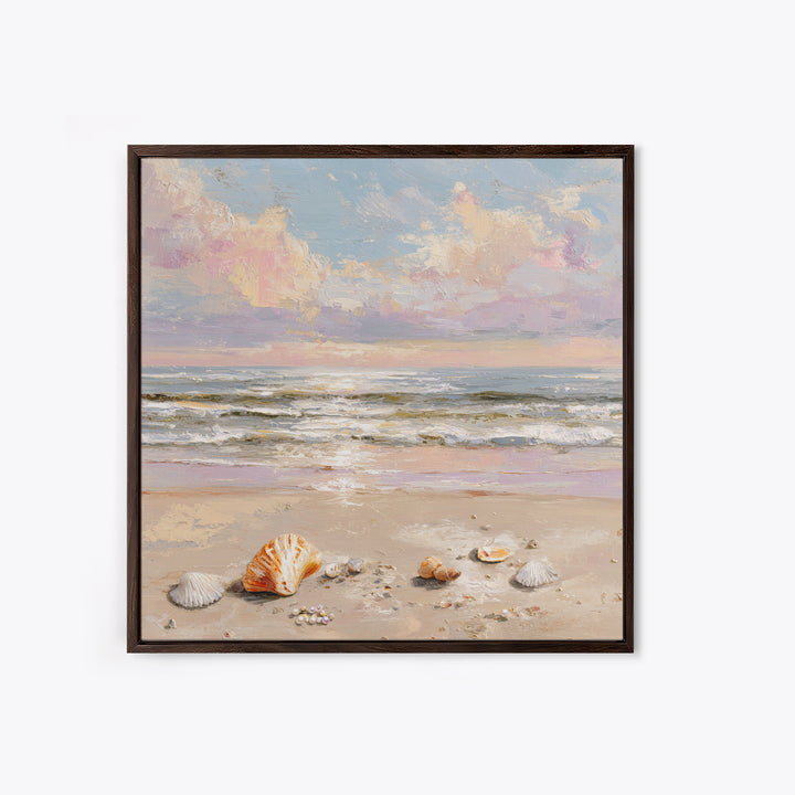 Pastel Ocean Waves And Seashells Wall Art, Coastal Seascape Framed Canvas Print, Beach House Living Room Decor For Bedroom
