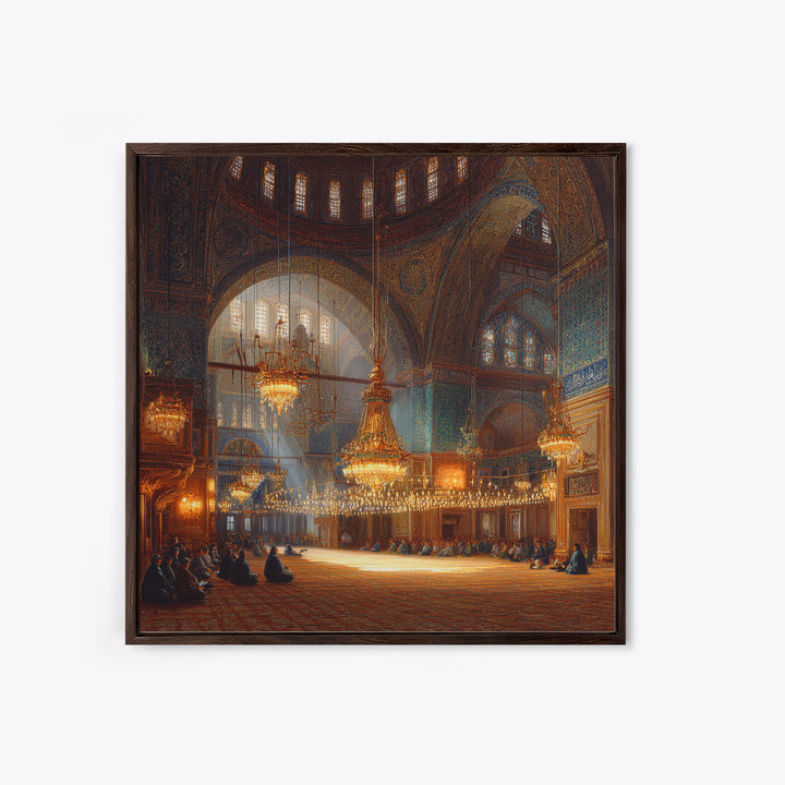 Ornate Mosque Interior With Chandeliers Wall Art, Islamic Architecture Framed Canvas Print, Prayer Room Decor, Luxury Wall Decor