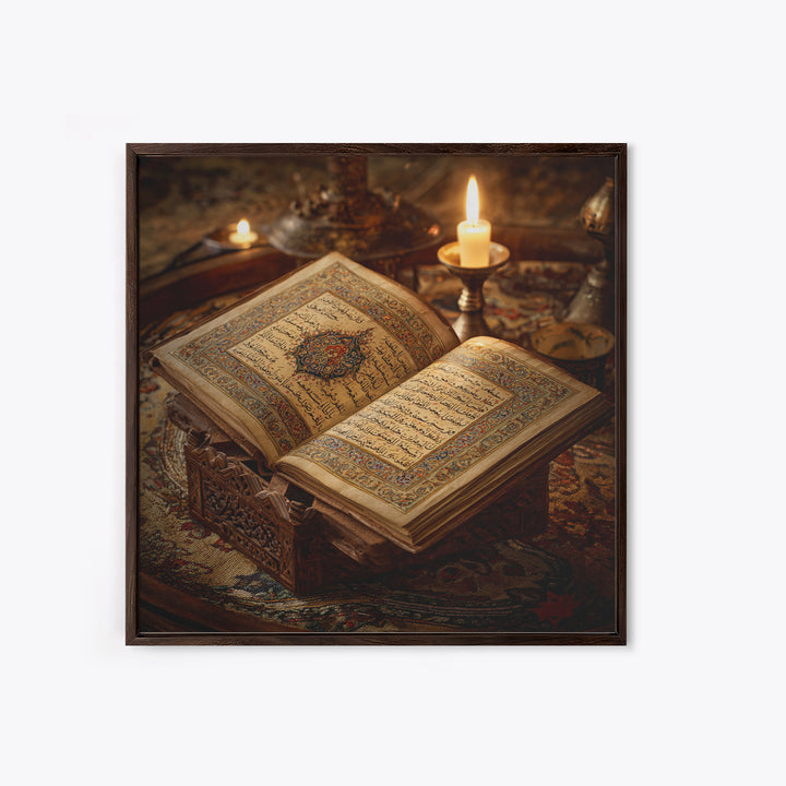 Illuminated Quran Manuscript With Candlelight Framed Canvas Print, Islamic Calligraphy Wall Art, Prayer Room Decor Gift Idea