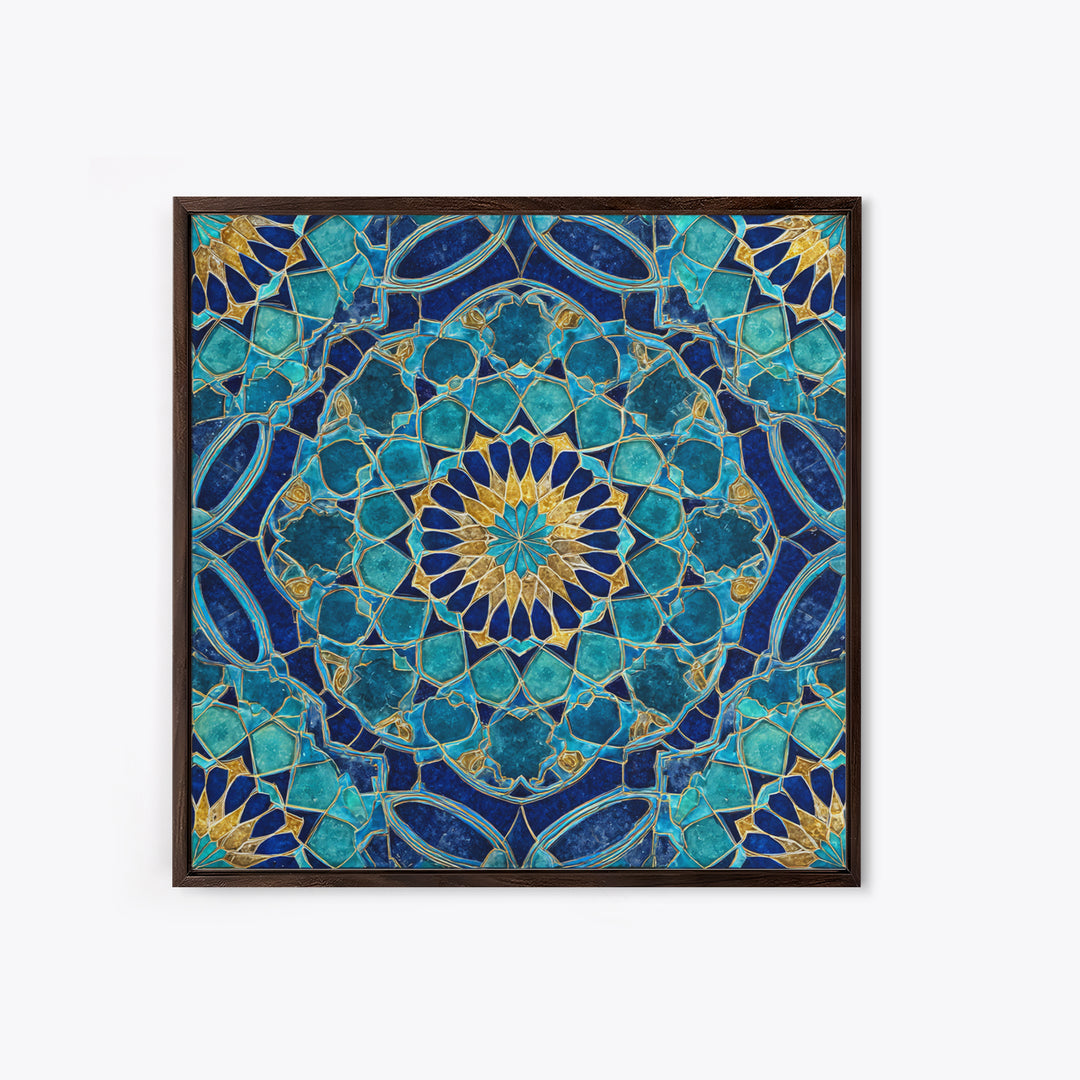 Teal Islamic Geometric Tile Wall Art, Moroccan Mosaic Pattern, Blue Gold Boho Decor, Mediterranean Canvas Print, Kitchen Decor