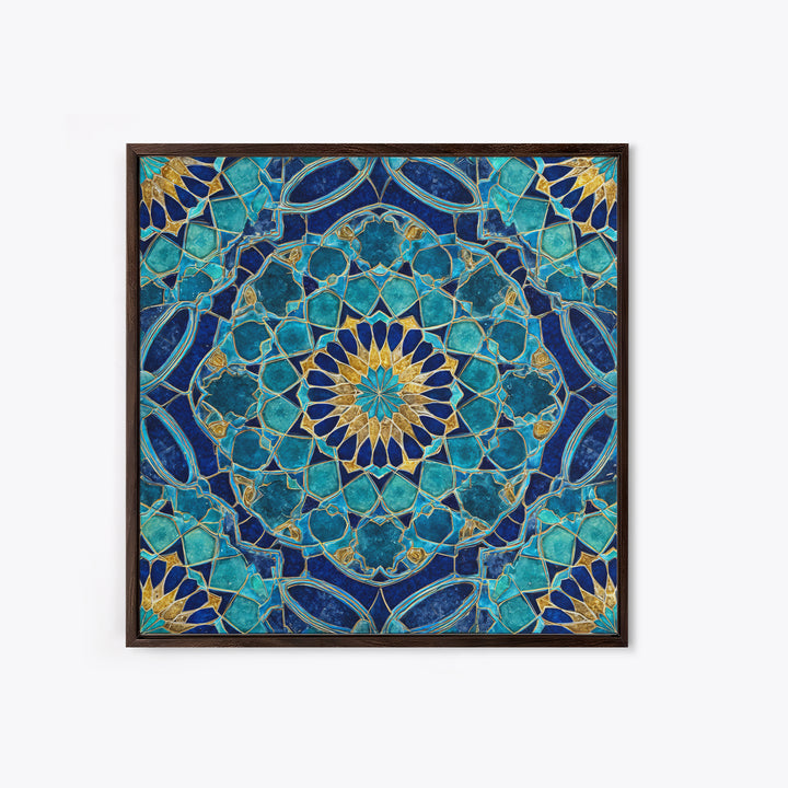 Teal Islamic Geometric Tile Wall Art, Moroccan Mosaic Pattern, Blue Gold Boho Decor, Mediterranean Canvas Print, Kitchen Decor