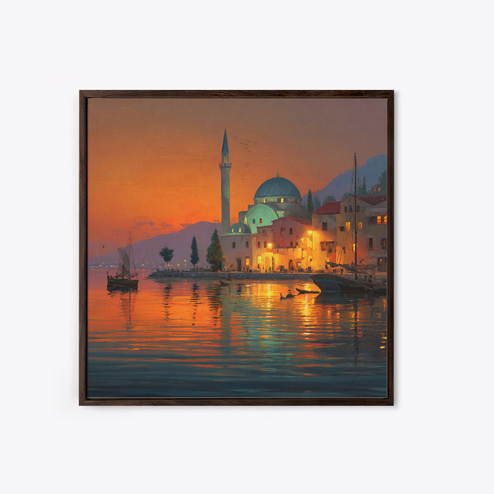 Waterfront Mosque At Orange Sunset Canvas Print, Islamic Architecture Art, Coastal Wall Decor, Travel Poster For Living Room