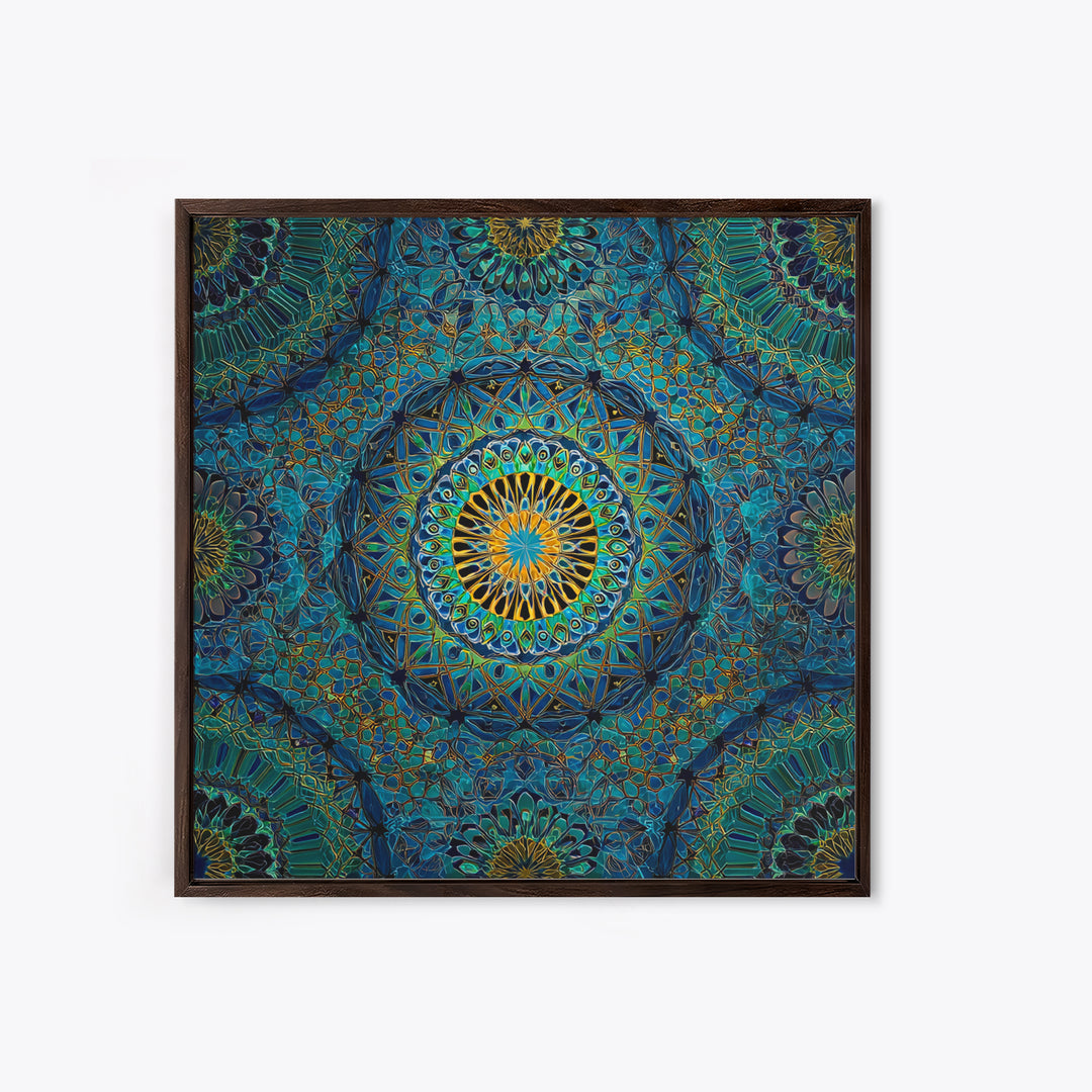 Teal Gold Geometric Mandala Wall Art, Sacred Geometry Abstract Print, Boho Spiritual Decor, Modern Meditation Room Art Gift
