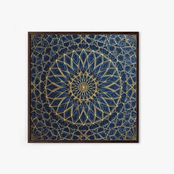 Blue Gold Geometric Mandala Canvas Print, Islamic Pattern Wall Art, Moroccan Abstract Decor For Meditation Room And Office
