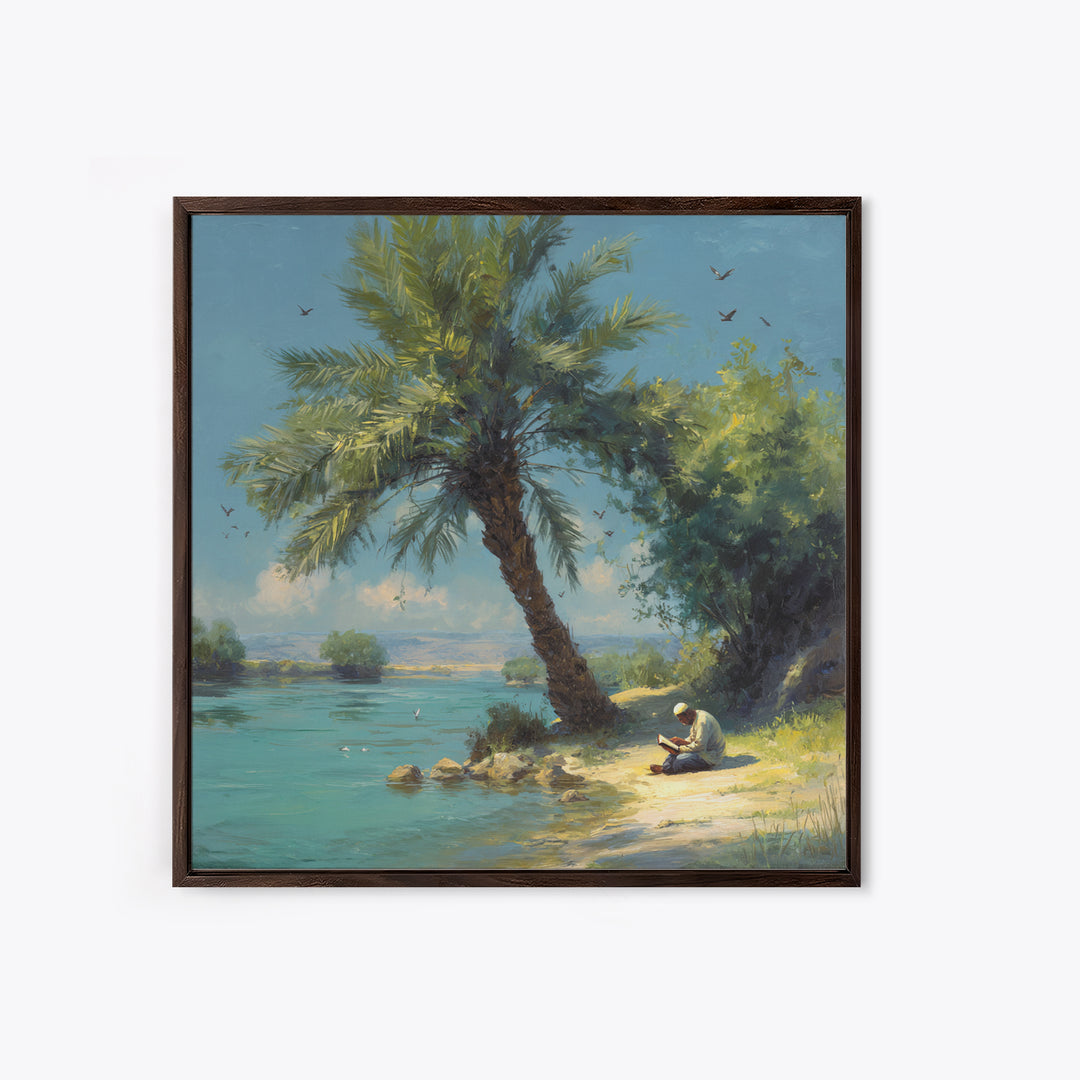 Leaning Palm By Blue Lagoon Wall Art, Tropical Coastal Landscape Painting, Serene Nature Decor, Mediterranean Canvas Print
