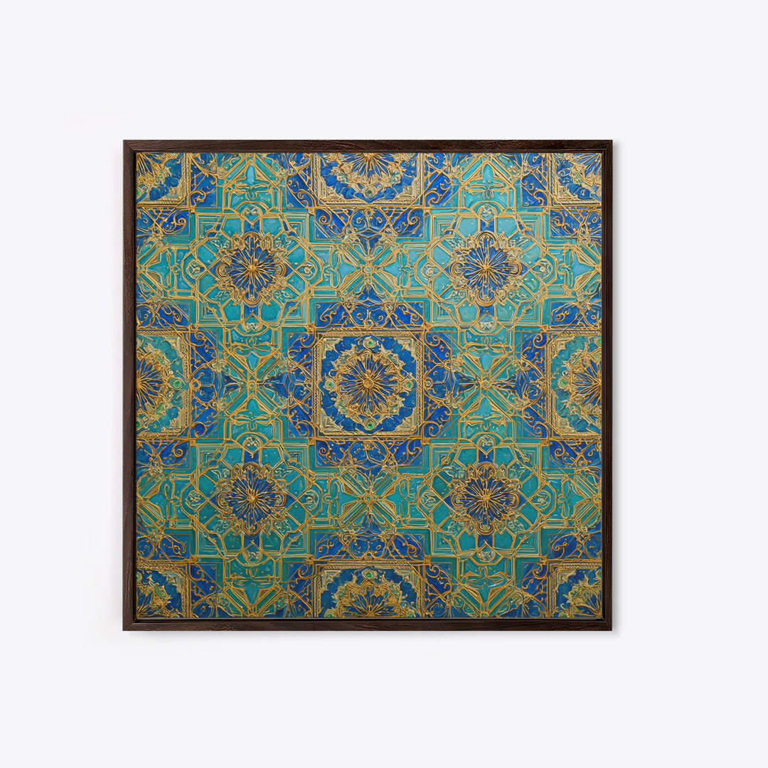 Blue And Gold Islamic Geometric Tile Wall Art, Moroccan Pattern Canvas Print For Elegant Home Decor And Meditation Room Decor