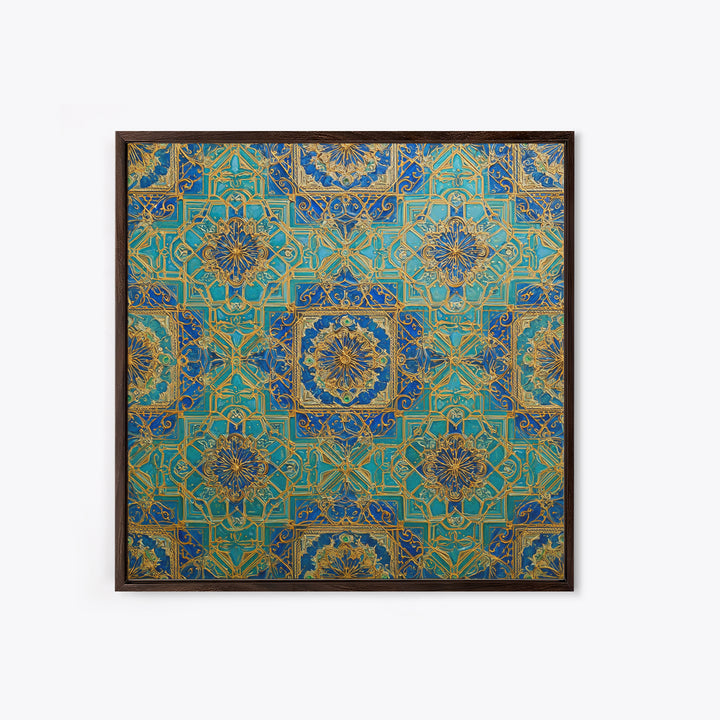 Blue And Gold Islamic Geometric Tile Wall Art, Moroccan Pattern Canvas Print For Elegant Home Decor And Meditation Room Decor