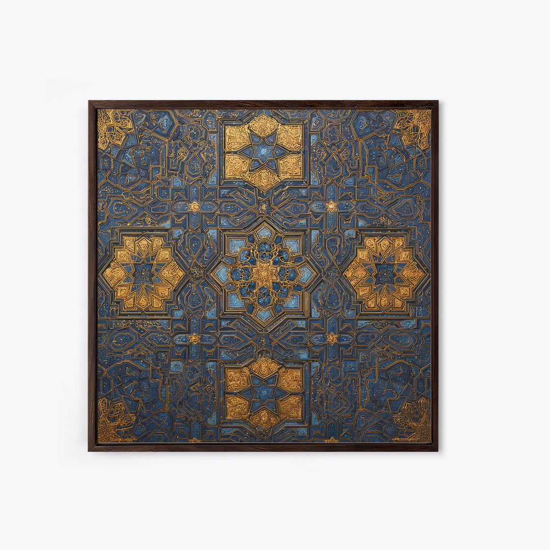 Blue Gold Islamic Geometric Tile Canvas Print, Moroccan Wall Art, Arabic Pattern Decor For Prayer Room And Modern Home Decor