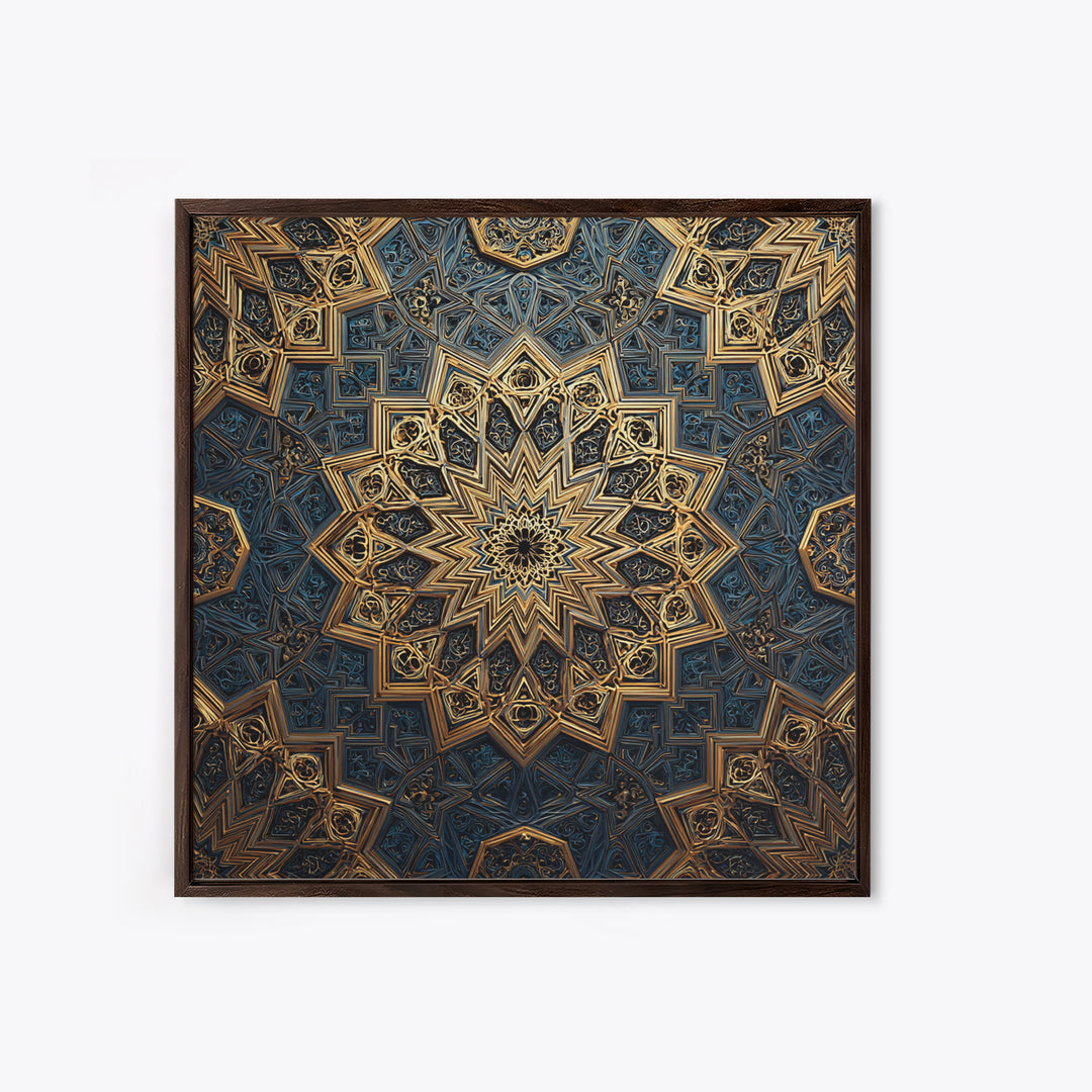 Blue Gold Islamic Geometric Mandala Wall Art, Sacred Geometry Pattern, Moroccan Tile Decor, Meditation Room Statement Print