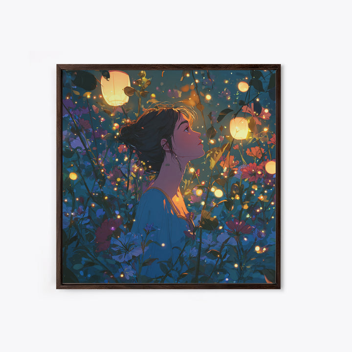 Lantern Lit Girl In Enchanted Flower Garden Wall Art, Whimsical Fairycore Decor, Fantasy Floral Print For Bedroom Living Room Decor