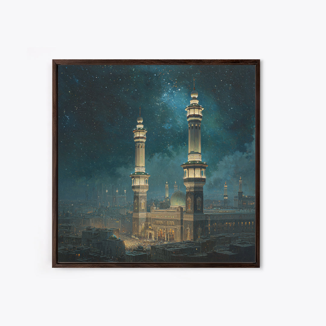 Starry Night Mosque Minarets Framed Canvas Print, Islamic Wall Art, Celestial Arabic Home Decor For Prayer Room And Eid Gift