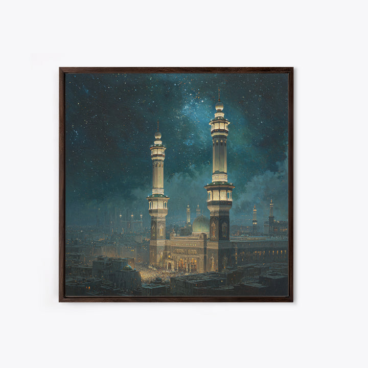 Starry Night Mosque Minarets Framed Canvas Print, Islamic Wall Art, Celestial Arabic Home Decor For Prayer Room And Eid Gift