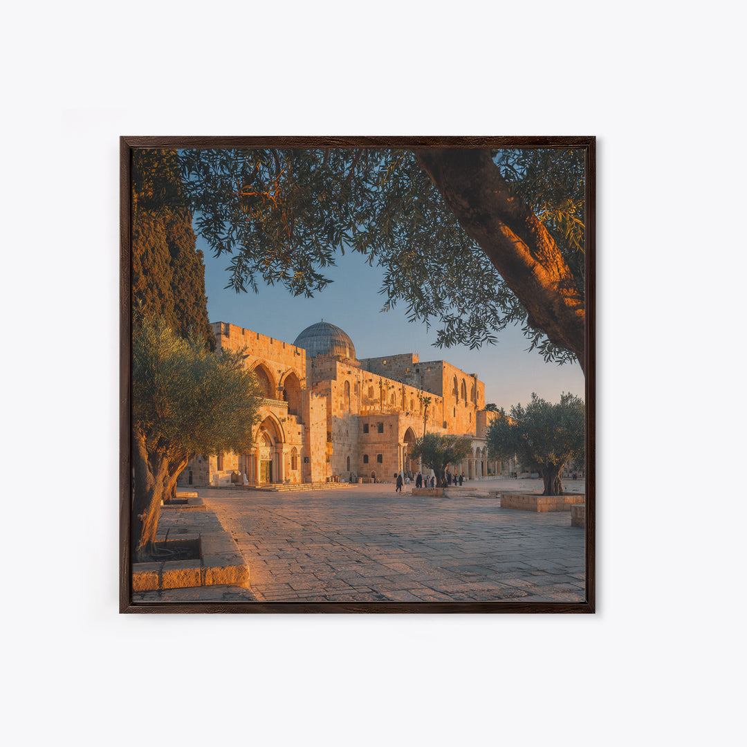 Golden Jerusalem Mosque Courtyard Wall Art, Islamic Architecture Print, Olive Tree Decor, Spiritual Travel Poster, Middle Eastern Decor