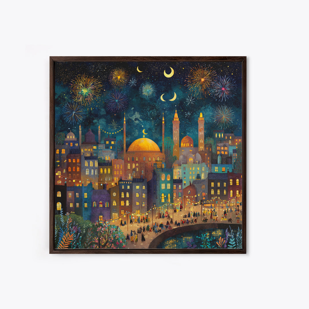 Crescent Moon City Fireworks Wall Art, Whimsical Islamic Canvas Print, Ramadan Decor, Celestial Nursery Art Gift For Kids Room Decor