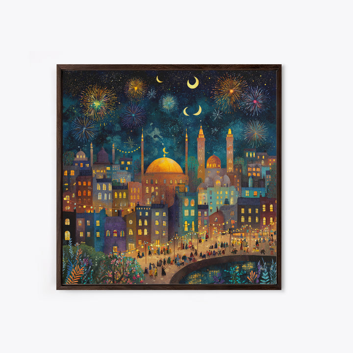 Crescent Moon City Fireworks Wall Art, Whimsical Islamic Canvas Print, Ramadan Decor, Celestial Nursery Art Gift For Kids Room Decor