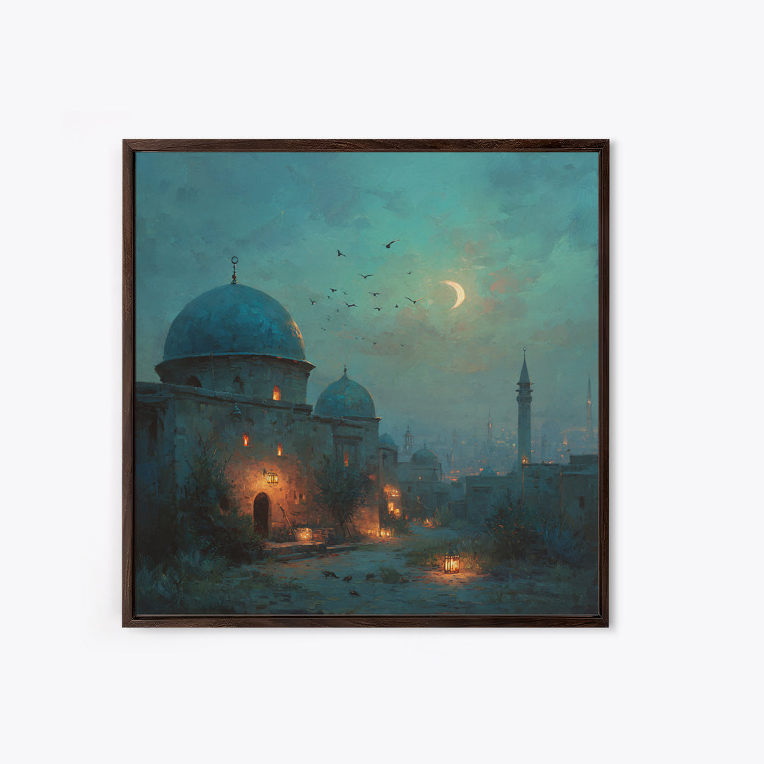 Moonlit Desert Dome Wall Art, Crescent Moon Islamic Architecture Painting, Moroccan Decor, Teal Blue Canvas Print, Ramadan Gift