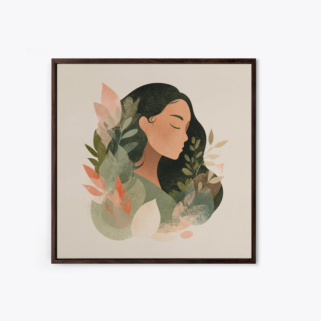 Serene Botanical Woman Portrait Canvas Print, Neutral Boho Wall Decor, Minimalist Art Print For Bedroom Living Room Home Decor