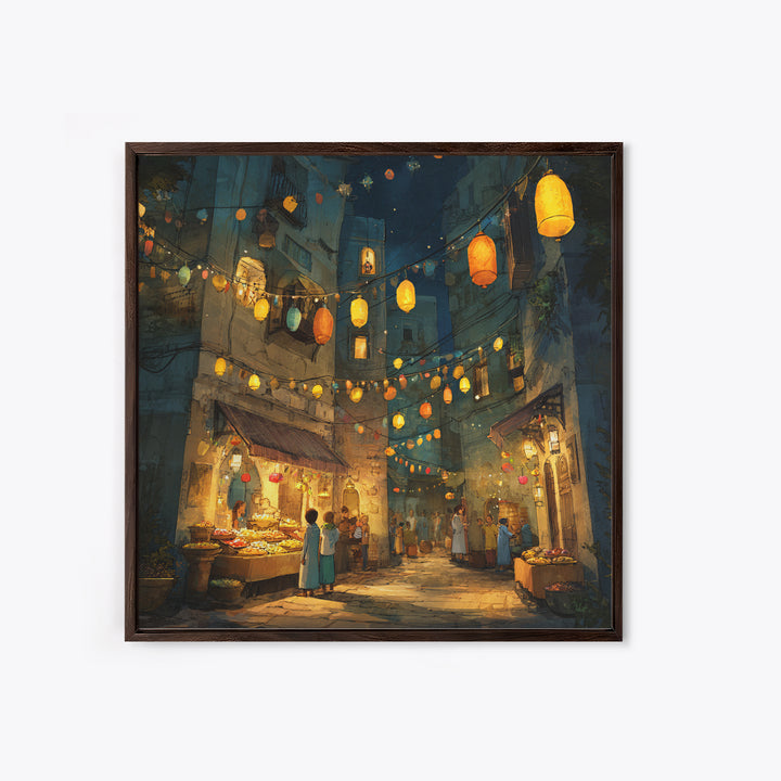 Glowing Lantern Night Market Alley With Food Stalls Wall Art, Moroccan Decor, Mediterranean Travel Poster, Kitchen Wall Art