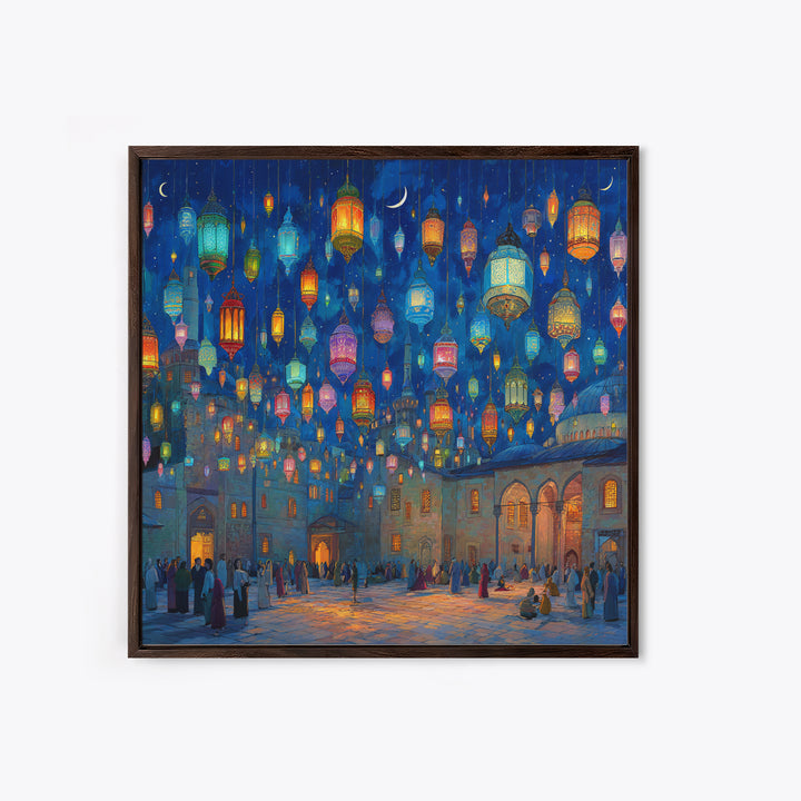 Colorful Ramadan Lanterns Over Courtyard Wall Art, Islamic Canvas Print, Arabic Home Decor, Eid Gift, Mystical Night Scene