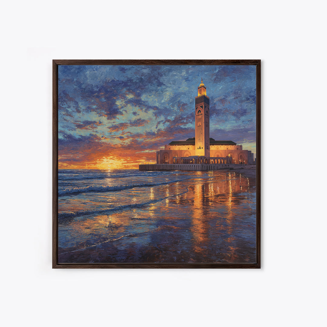 Sunset Mosque On Moroccan Coast Canvas Print, Islamic Wall Art, Ocean Seascape, Morocco Travel Poster, Coastal Home Decor