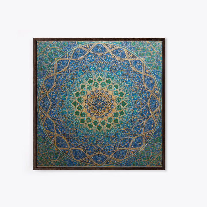 Blue Gold Islamic Geometric Mandala Wall Art, Moroccan Mosaic Canvas Print, Arabic Decor Gift For Prayer Room
